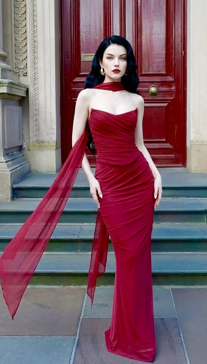 Sexy Burgundy Sheath Strapless Chiffon Long Prom Dress Evening Dress SH7570