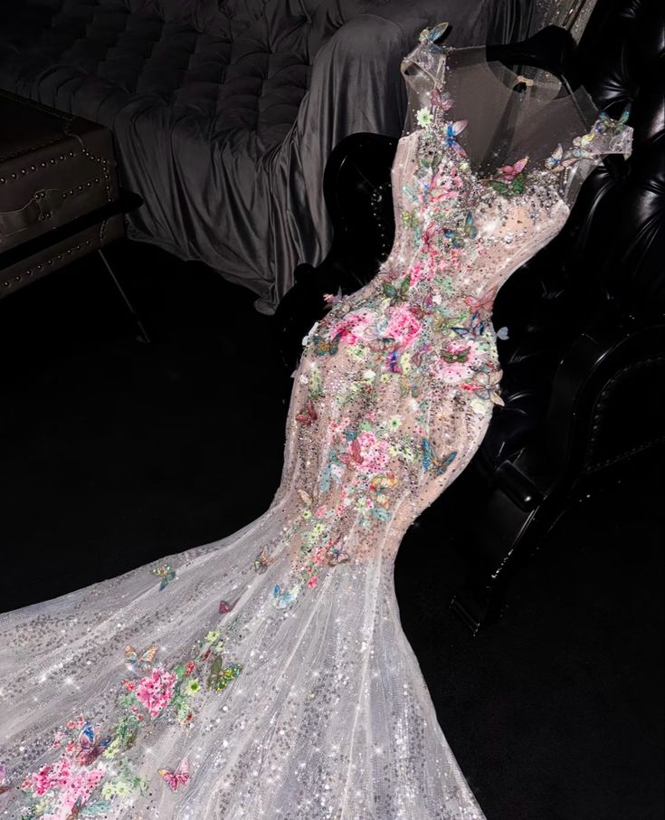 Dreamy Colorful Flower Round Neck Mermaid Lace Tulle Prom Dress Birthday Dress SH3636
