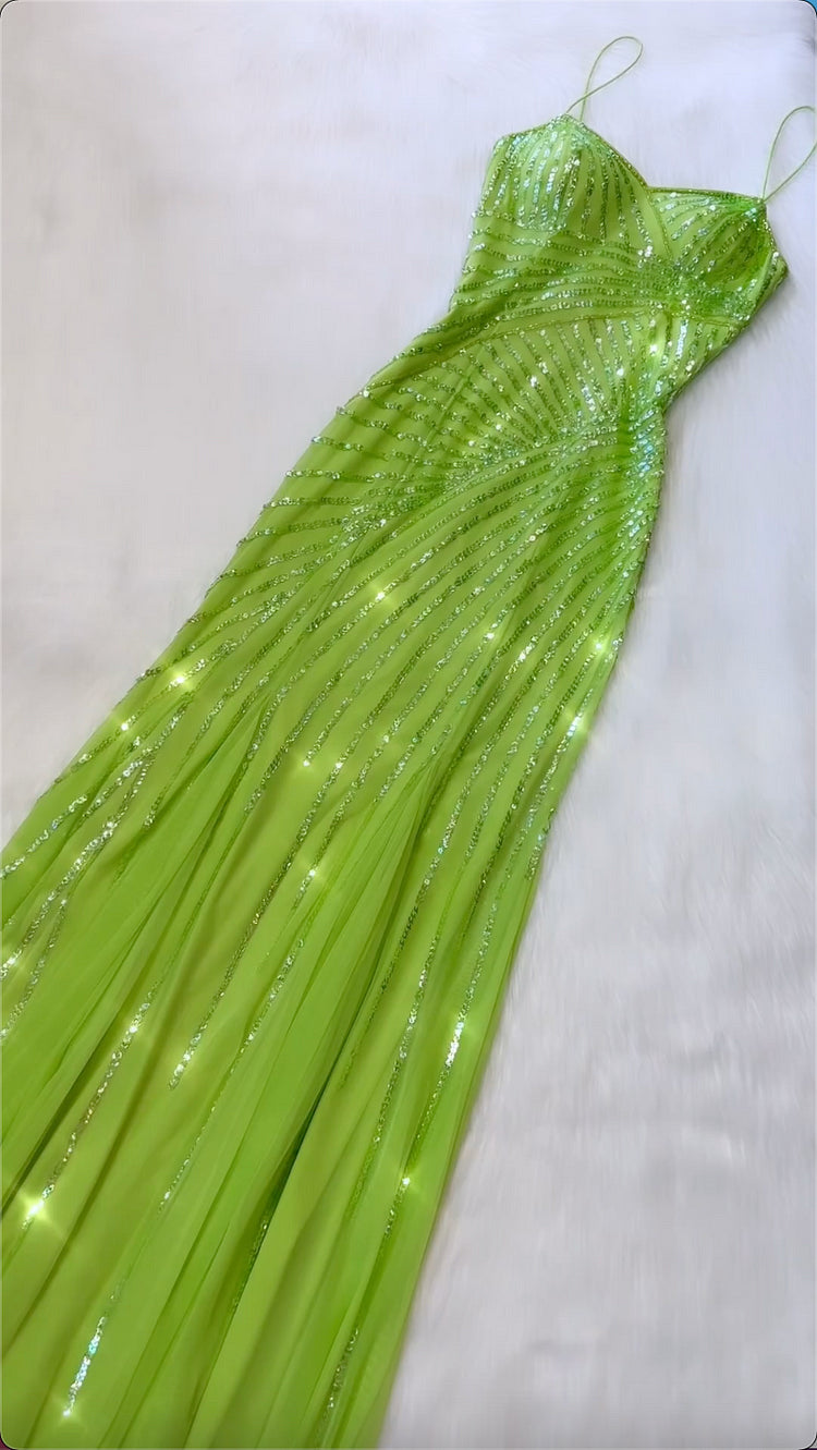 Stunning A Line Spaghetti Strap Sequin Green Tulle Long Prom Dress Evening Dress SH2272