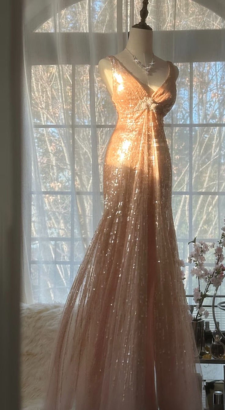 Champagne Shiny A Line V Neck Beaded Sequin Prom Dress Evening Dress SH2538