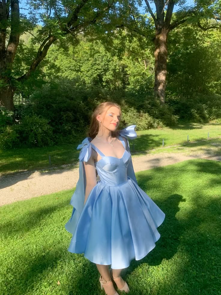 Cute A Line Straps Blue Satin Short Homecoming Dress Cocktail Dress with Bow SH3171