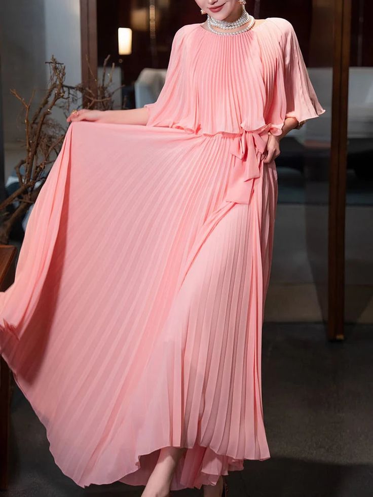 Gentle A Line Round Neck Blue Pleated Chiffon Long Evening Dress Party Dresses SH2905