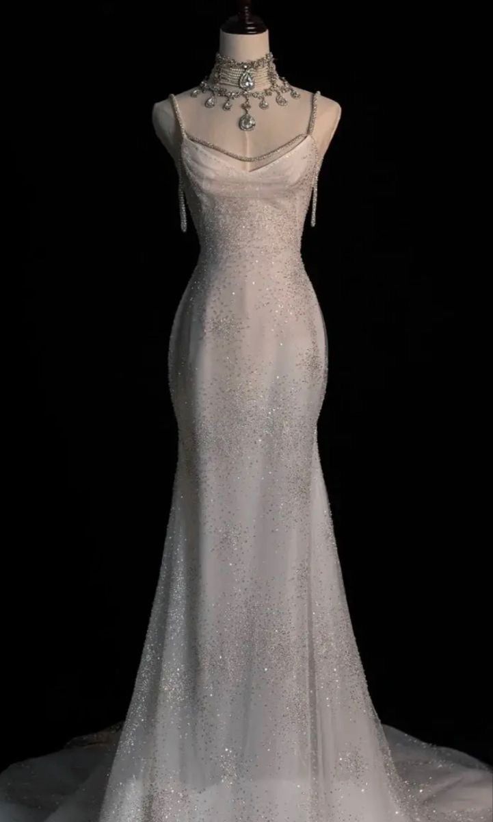 Elegant White Mermaid Spaghetti Straps Sequin Tulle Open Back Long Party Dress Date Dress SH3688
