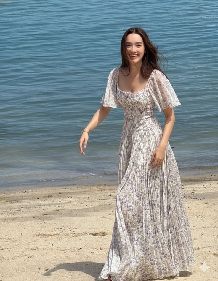 Blue Print Floral A Line Sleeve Pleated Chiffon Long Prom Dress Evening Dress SH8875
