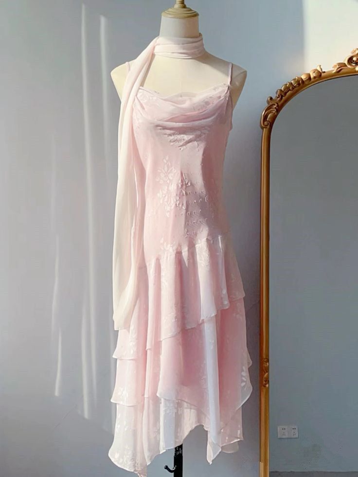 Gentle Pink Print Floral A Line Spaghetti Strap Ruffle Chiffon Party Dress Homecoming Dress SH3830