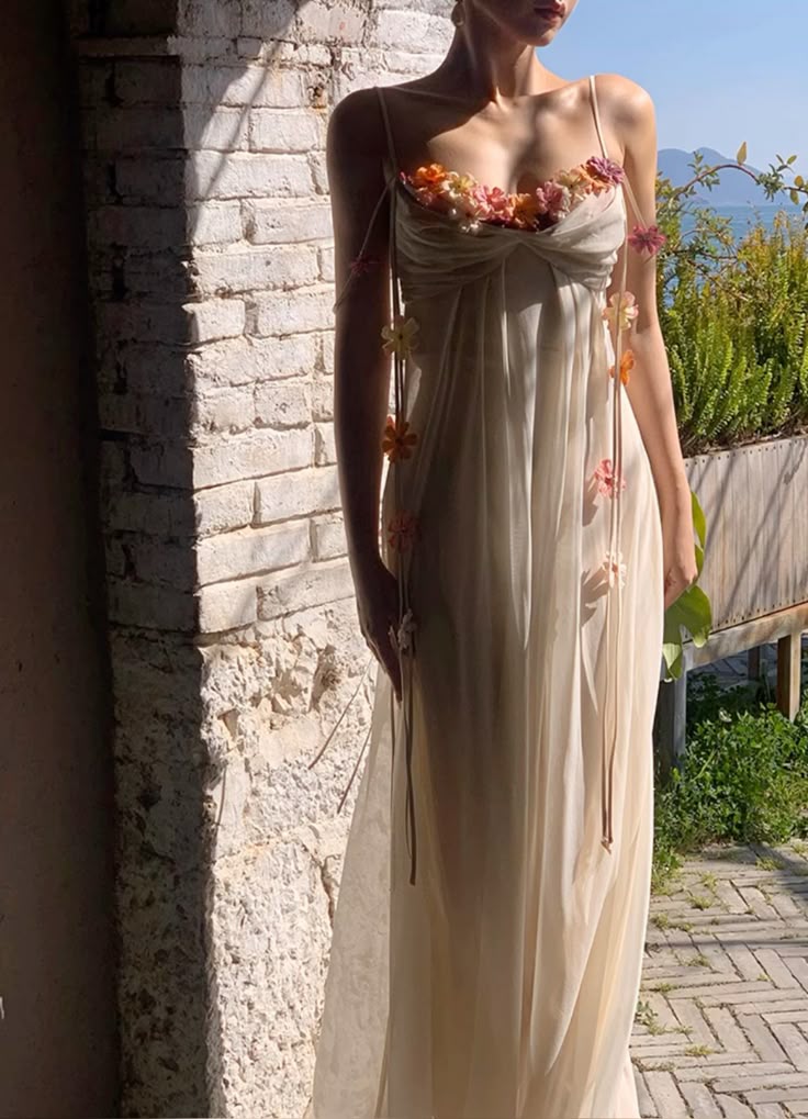 Flowy Ivory A Line Spaghetti Straps Flower Tulle Prom Dress Party Dress SH4073