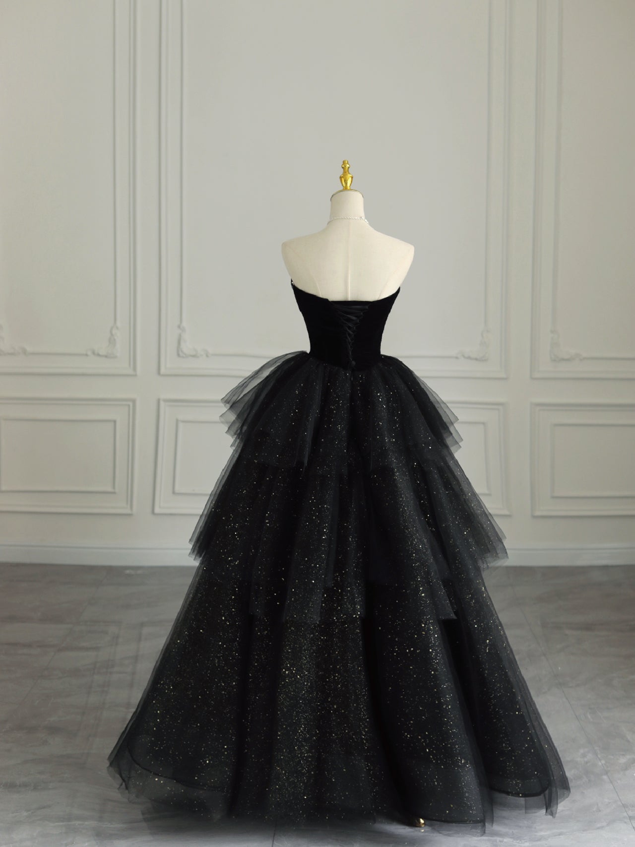 Black Strapless Layered Velvet Tulle Long Prom Dress Evening Dress SH1617