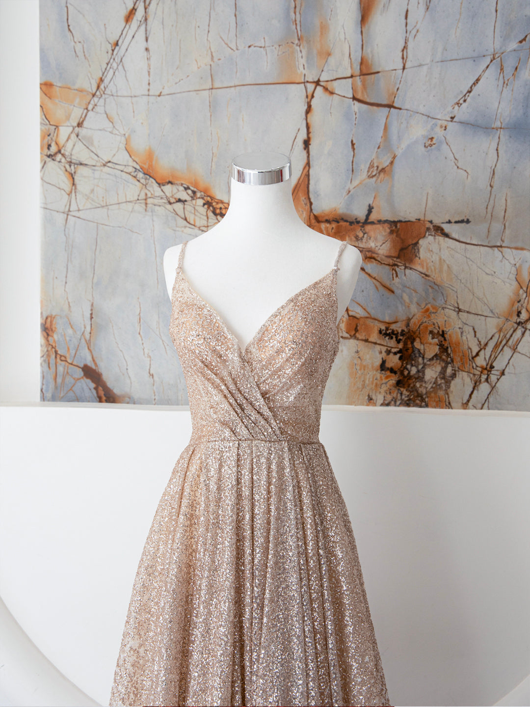 Champagne A Line Spaghetti Strap Sequins Long Prom Dress Evening Dress SH1591