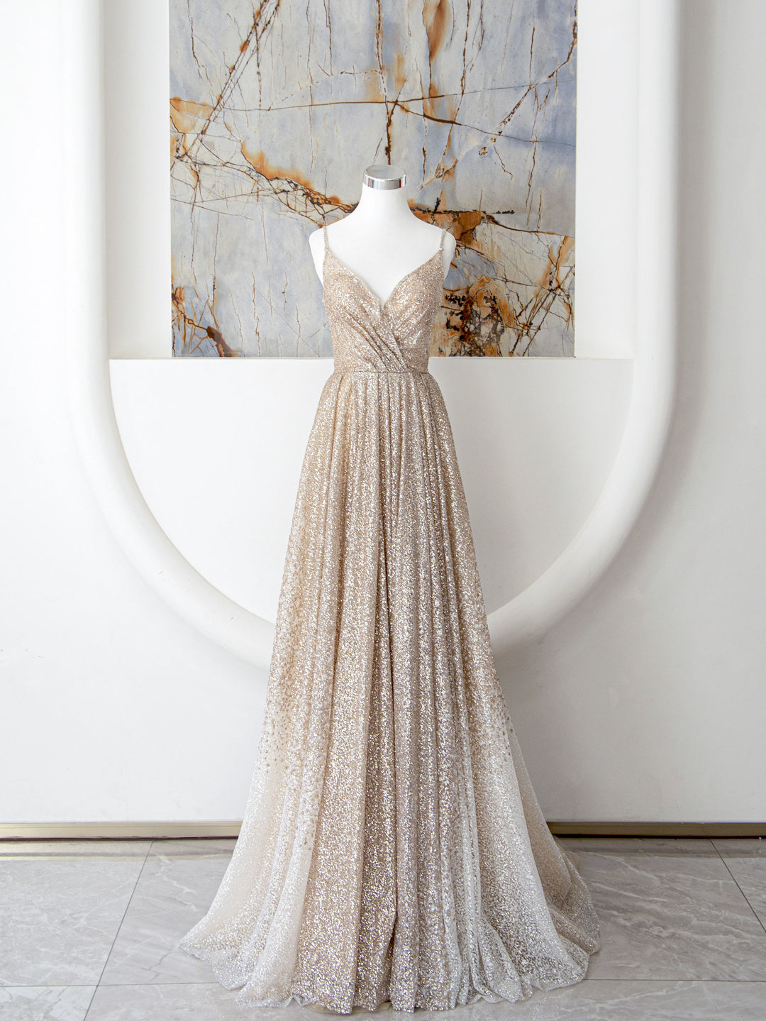 Champagne A Line Spaghetti Strap Sequins Long Prom Dress Evening Dress SH1591