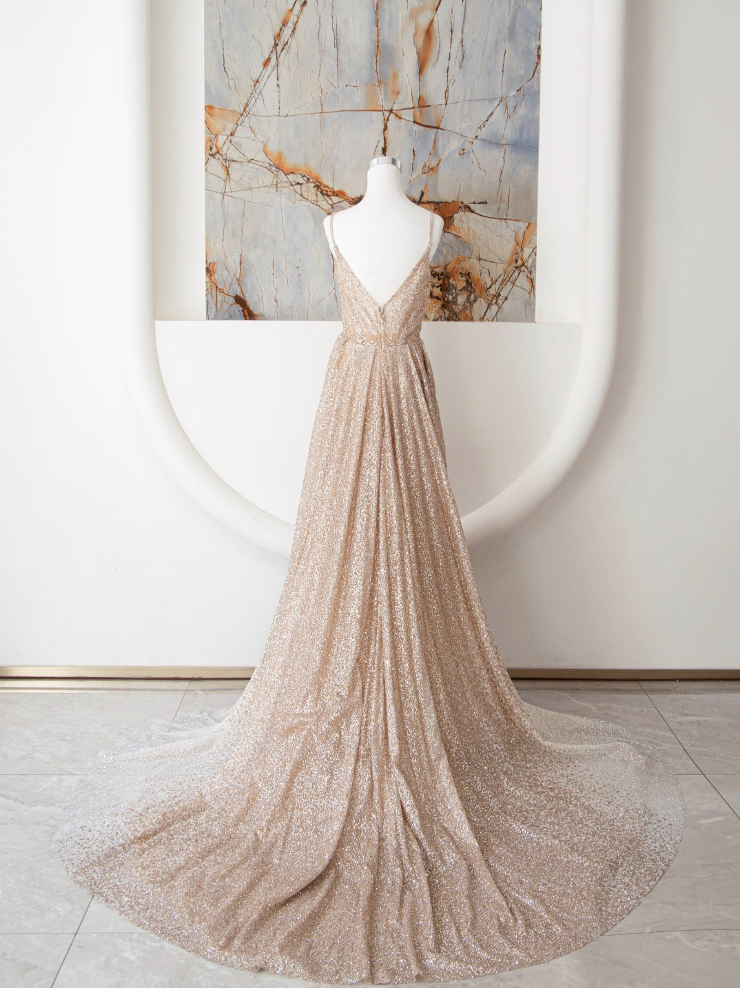 Champagne A Line Spaghetti Strap Sequins Long Prom Dress Evening Dress SH1591