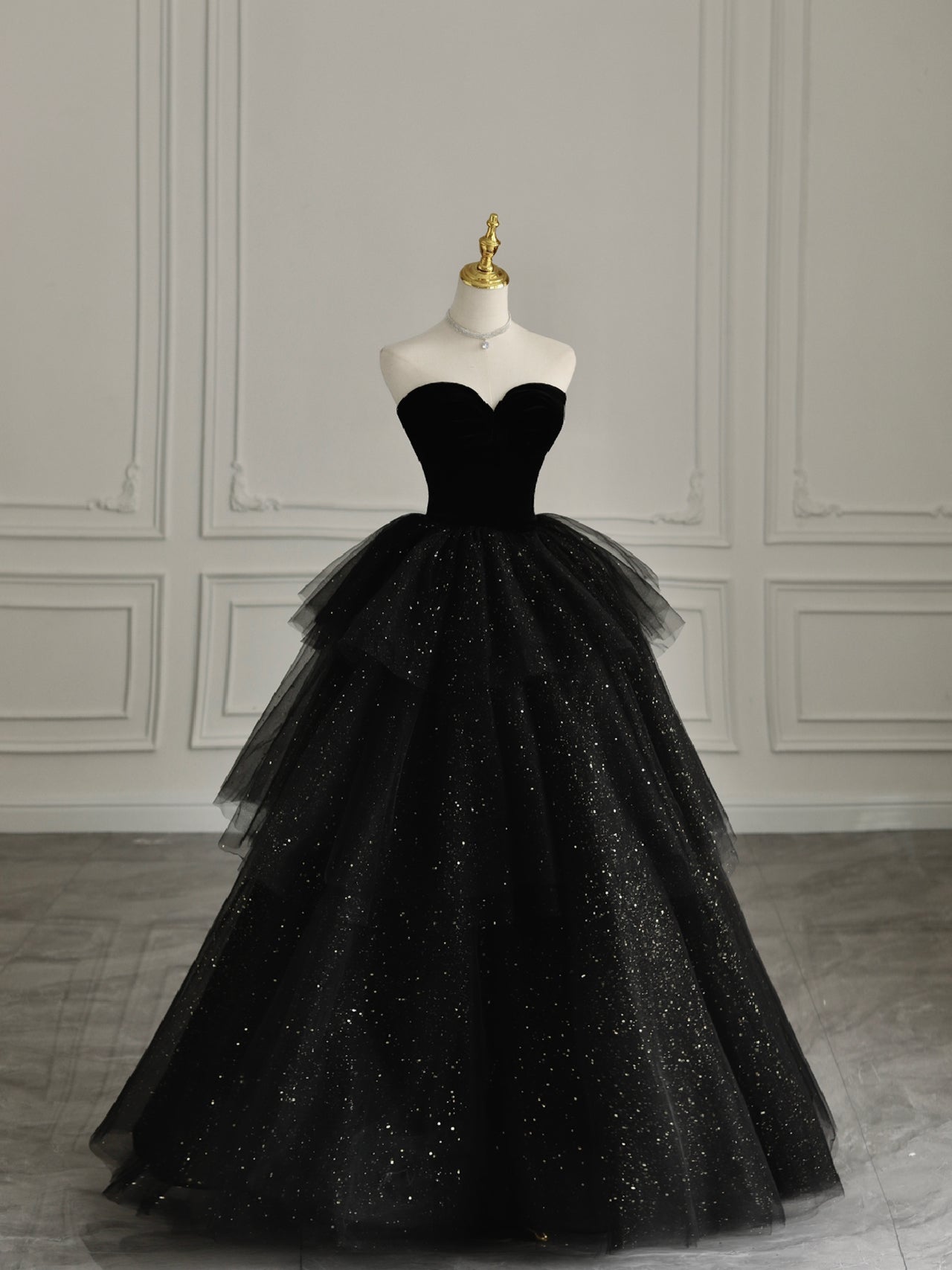 Black Strapless Layered Velvet Tulle Long Prom Dress Evening Dress SH1617