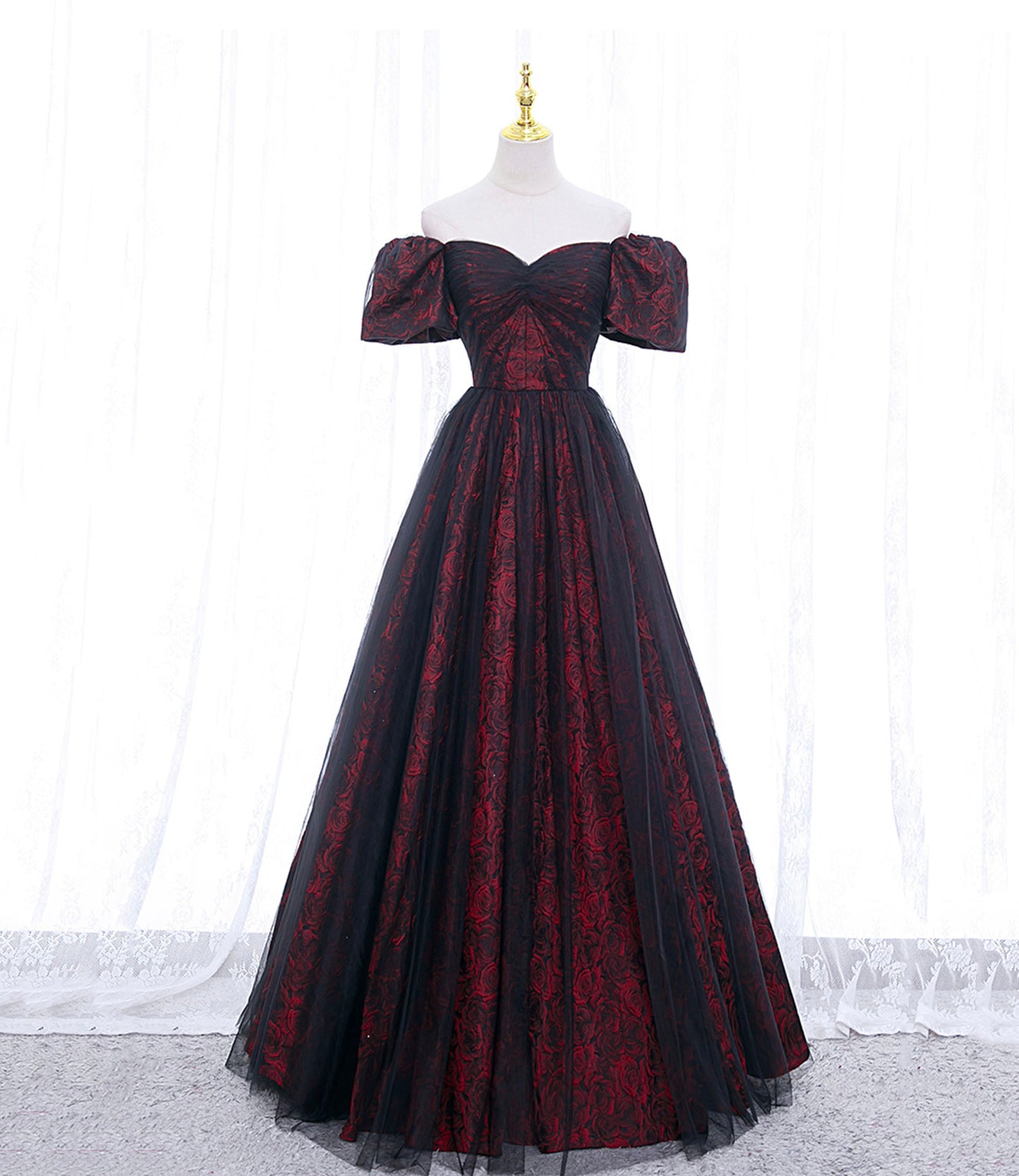 A-line Black Tulle Long Prom Dress Evening Dress SH1614