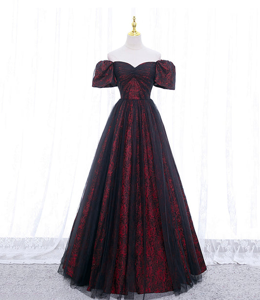 A-line Black Tulle Long Prom Dress Evening Dress SH1614