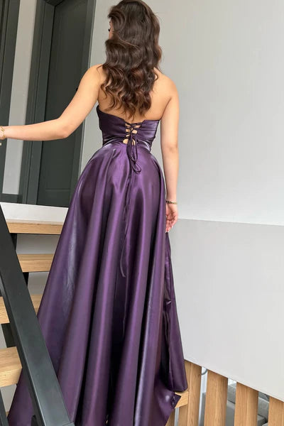Glamorous Purple Strapless Sleeveless A-Line Prom Dresses Long Lace-Up Back With Pleats SH6486