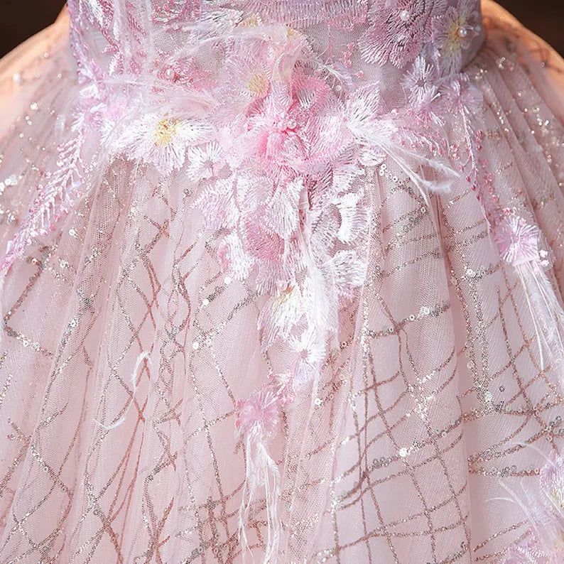 Pink Ball Gown Puff Sleeve Appliques Sequins Tulle Prom Dress SH1665