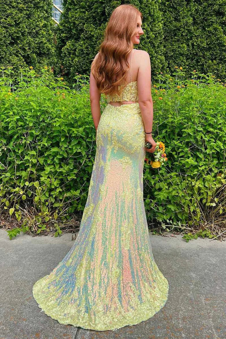 Yellow Sheath V-neck Appliques Sequins Prom Dress With Slit SH1650