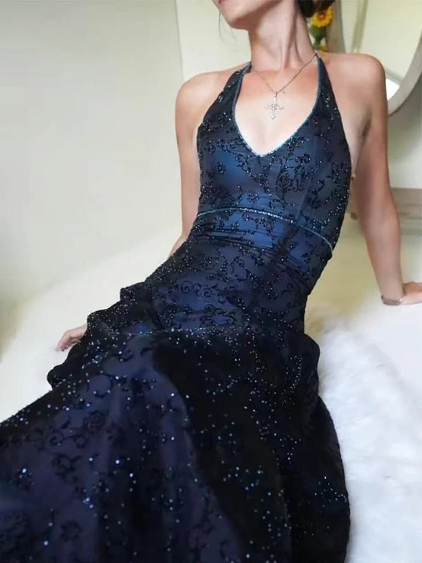 Navy Blue A Line Halter Shiny Beaded Tulle Prom Dress Evening Dress SH8279