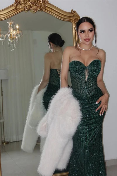 Luxury Dark Green Sweetheart Evening Dress Prom Dresses Sequins Lace-Up Back With Overskirt SH5615
