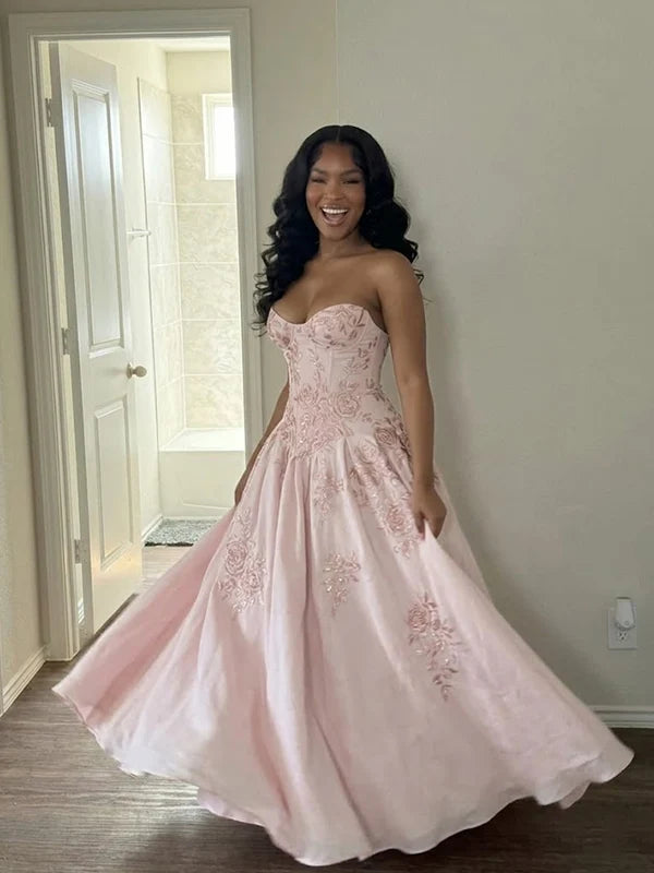 Pink A Line Sweetheart Neck Exquisite Embroidery Tulle Prom Dress Evening Dress SH8280