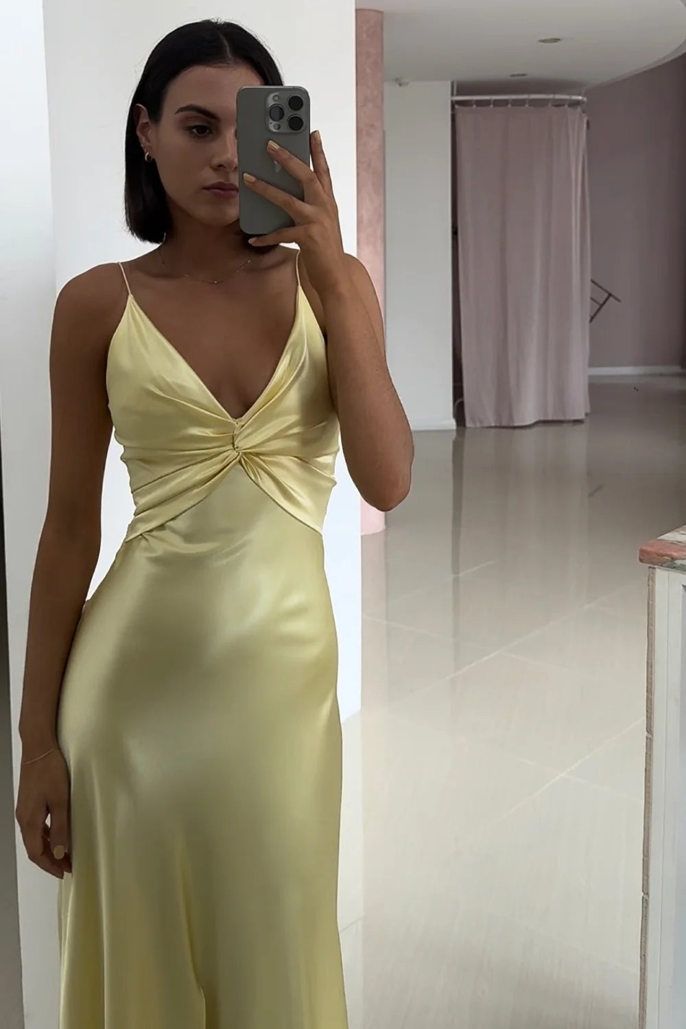 Chic A Line Spaghetti Straps Yellow Long Prom Dress with Split Front SH8306