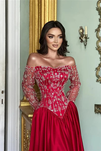 Romantic Red A Line Long Sleeves Beaded Satin Prom Dresses Evening Dress SH6485