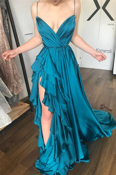 Elegant A Line Spaghetti Strap Ruffle Blue Satin Slit Long Prom Dress Graduation Prom Dress SH2577