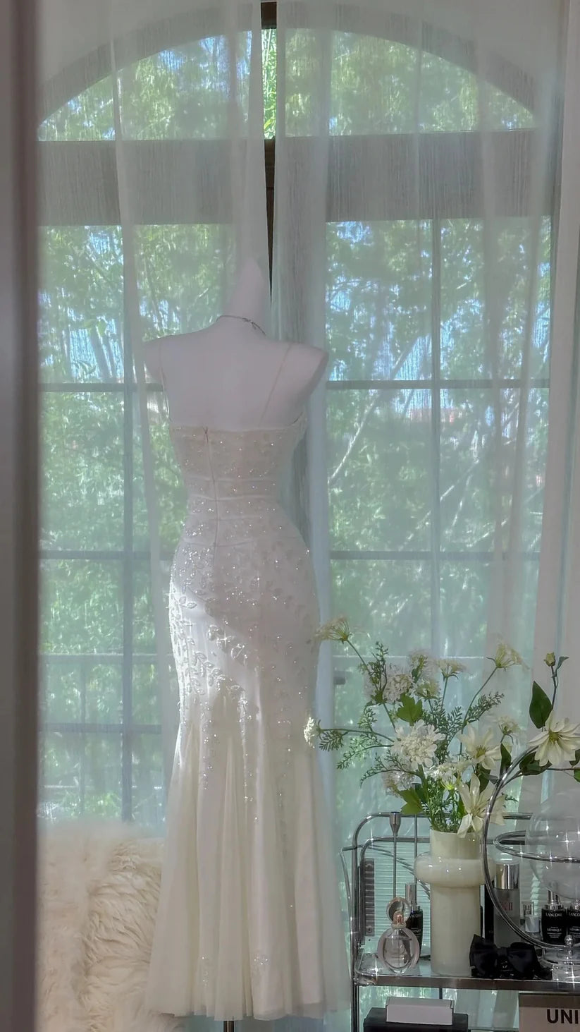 Elegant Mermaid Spaghetti Strap Beaded White Chiffon Party Dress Evening Dress SH2791