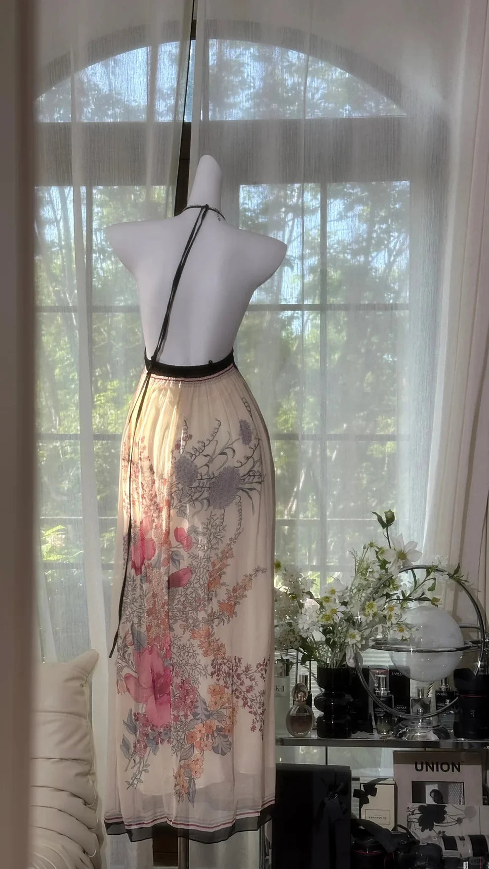 Vintage A Line Halter Print Floral Chiffon Open Back Prom Dress Wedding Guest Dress SH4325