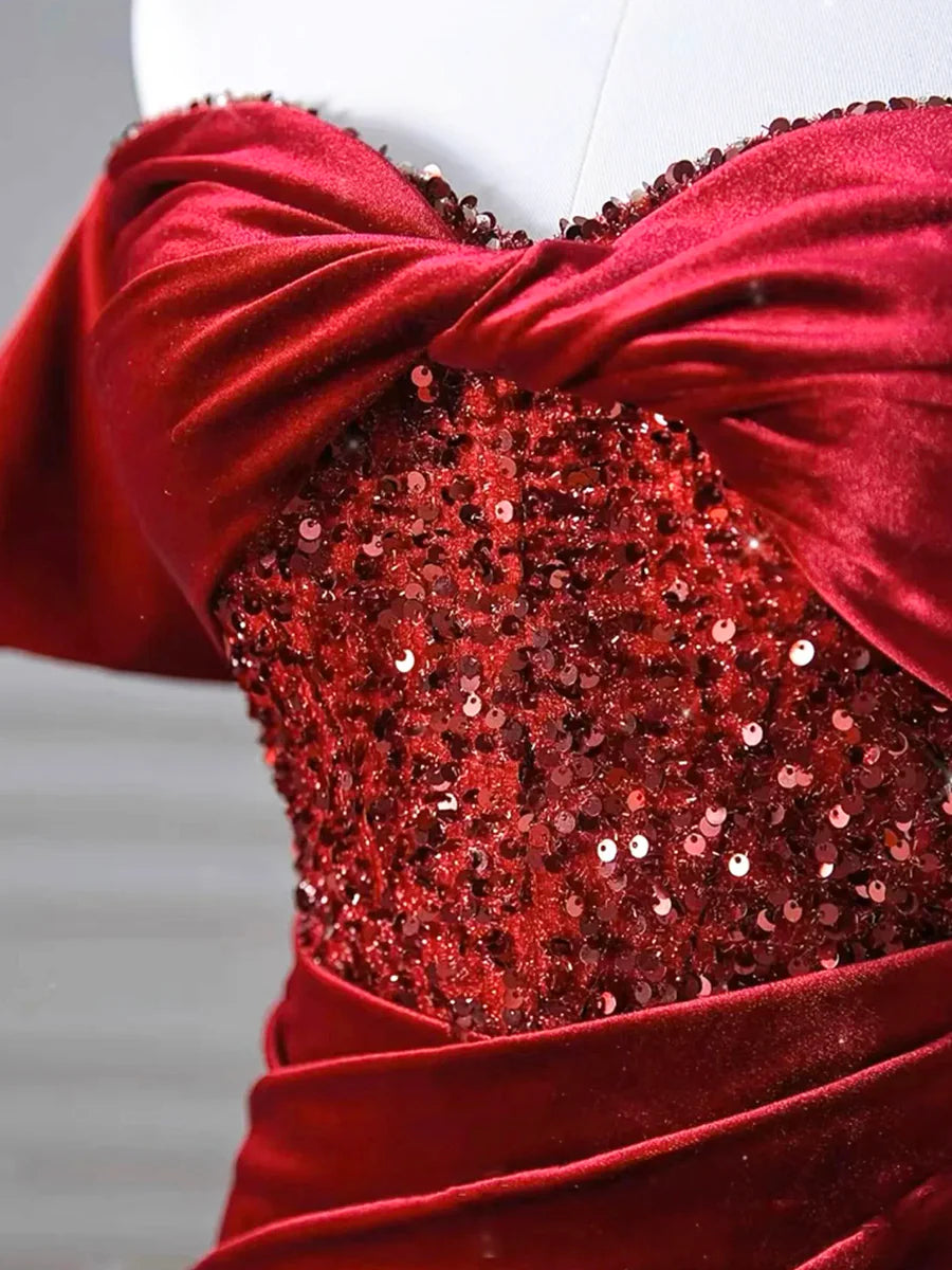 Burgundy Mermaid Off the Shoulder Velvet Sequins Long Prom Dress With Slit SH1642