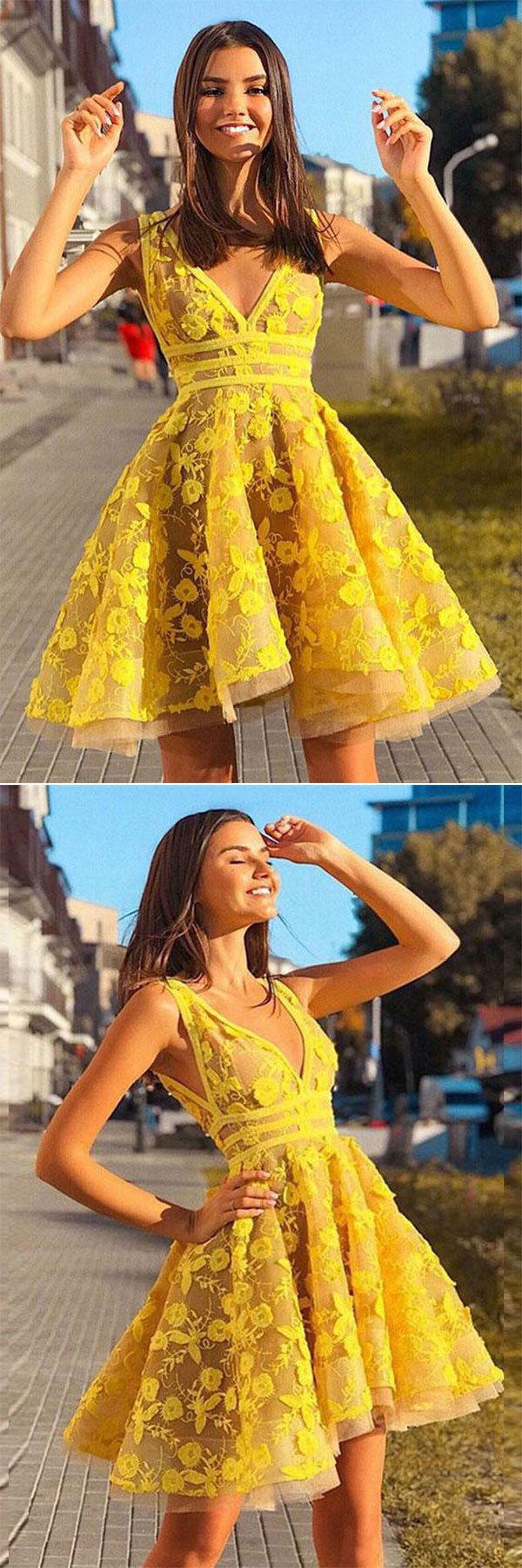Yellow lace short prom dress, yellow homecoming dress 0019