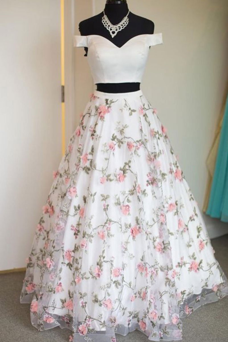 White two pieces tulle long prom dress, tulle evening dress 0021