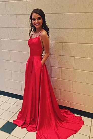 red long prom dress with spaghetti straps, lace up back and side slit cg7494