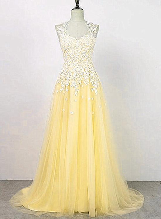 Yellow Tulle with Applique Long Party Dress, Charming Junior Prom Dress KS5990