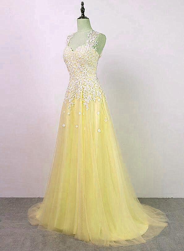 Yellow Tulle with Applique Long Party Dress, Charming Junior Prom Dress KS5990