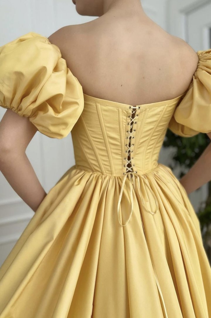 Yellow satin long A line prom dress yellow evening dress SA192