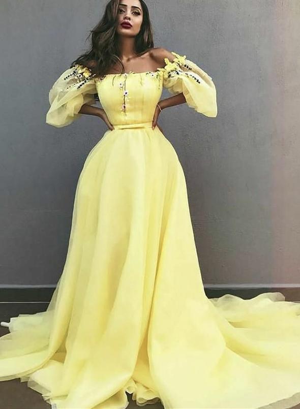 Yellow tulle long prom dress evening dress KS1460