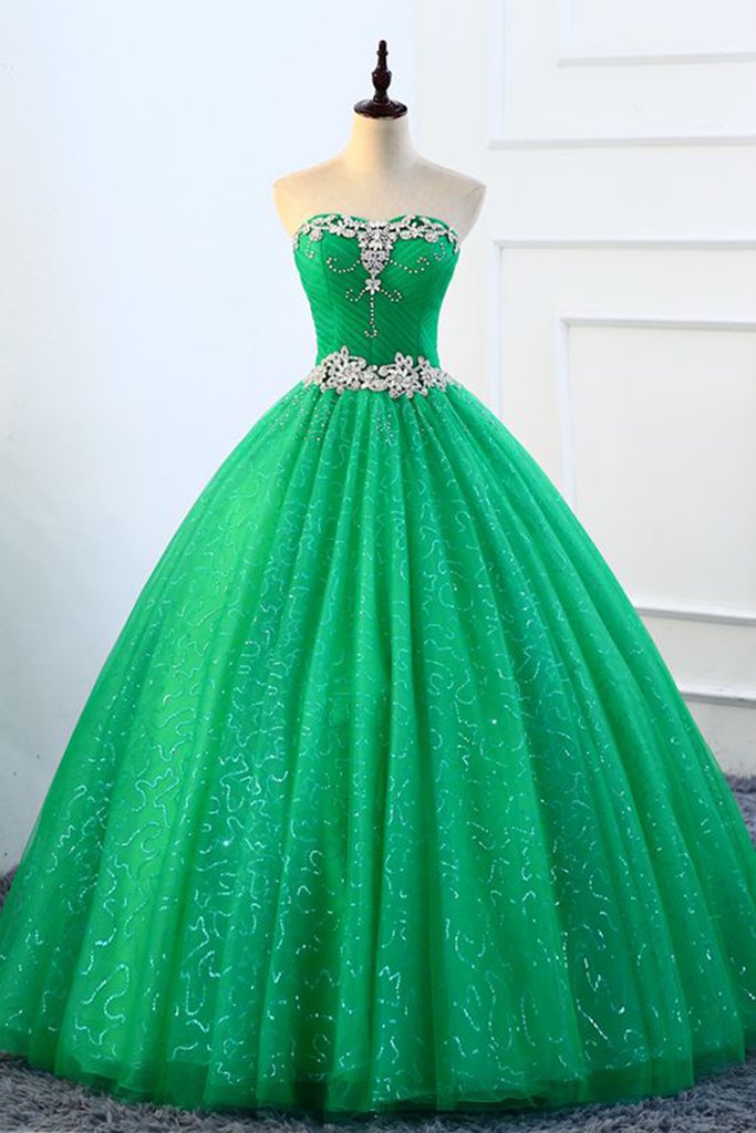 Strapless Green Sequins Tulle Long A Line Beaded Prom Dress, Formal Dress KS7480