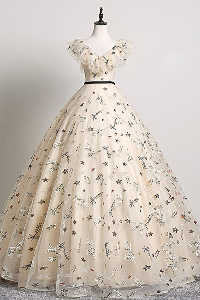 Pretty Champagne Floral Tulle V Neck Floor Length Customize Prom Dress, Formal Dress KS7628