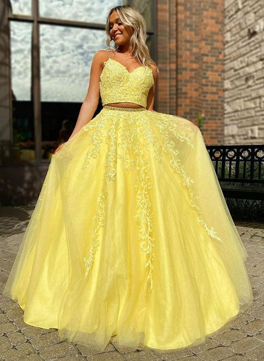 Yellow tulle lace long prom dress two pieces evening dress KS1664