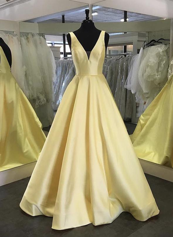Yellow v neck satin long prom dress evening dress KS1348