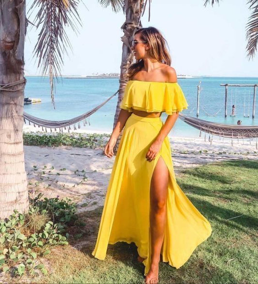 Yellow Two Piece Split Slit Prom Dress Long Evening Dress H2680