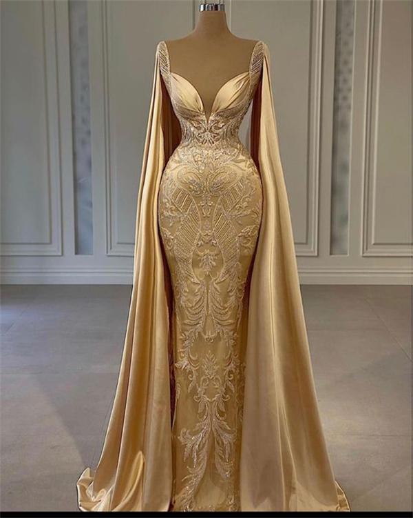 Gold Mermaid Prom Dresses With Wrap Beaded Lace Appliqued Evening Dres shinydress Gold Mermaid Prom Dresses With Wrap Beaded Lace Appliqued Evening Dres shinydress
