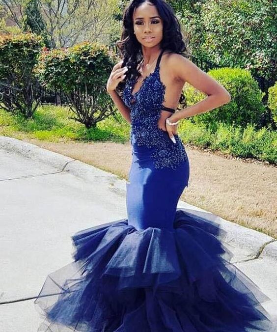 Royal Blue Mermaid African Prom Dress Sexy Spaghetti Straps Open Back Appliques Beaded Tiered Tulle Floor Length Evening Dresses cg6913