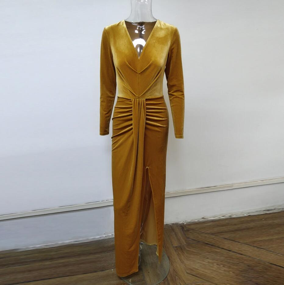 Sexy V-Neck Long Sleeve Split Velvet Prom Dress P4801