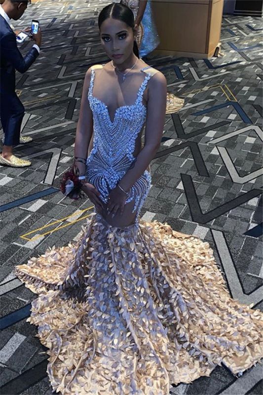 Sparkling Crystal Appliques Straps Black Girl Prom Dresses Open Back Mermaid Evening Dresses M0119