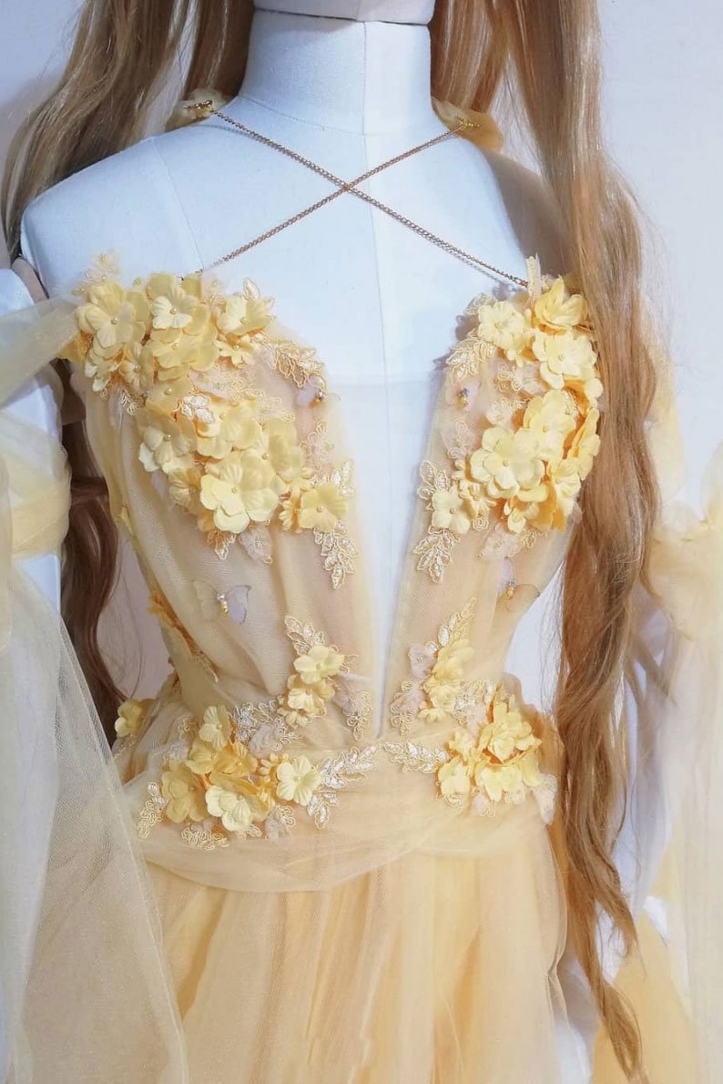 Yellow sweetheart tulle lace long prom dress yellow formal dress 0239