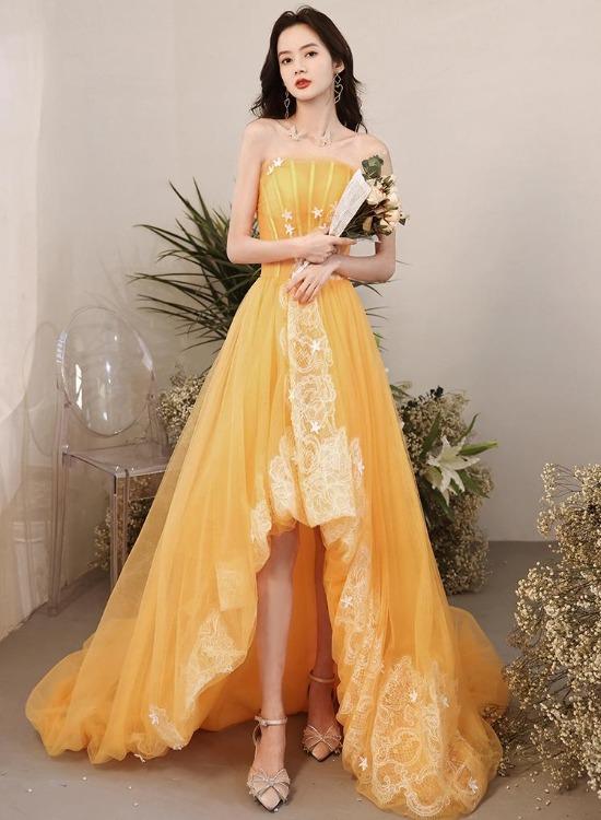 Yellow Unique High Low Tulle with Lace Prom Dress, Yellow Formal Dress shinydress Yellow Unique High Low Tulle with Lace Prom Dress, Yellow Formal Dress shinydress