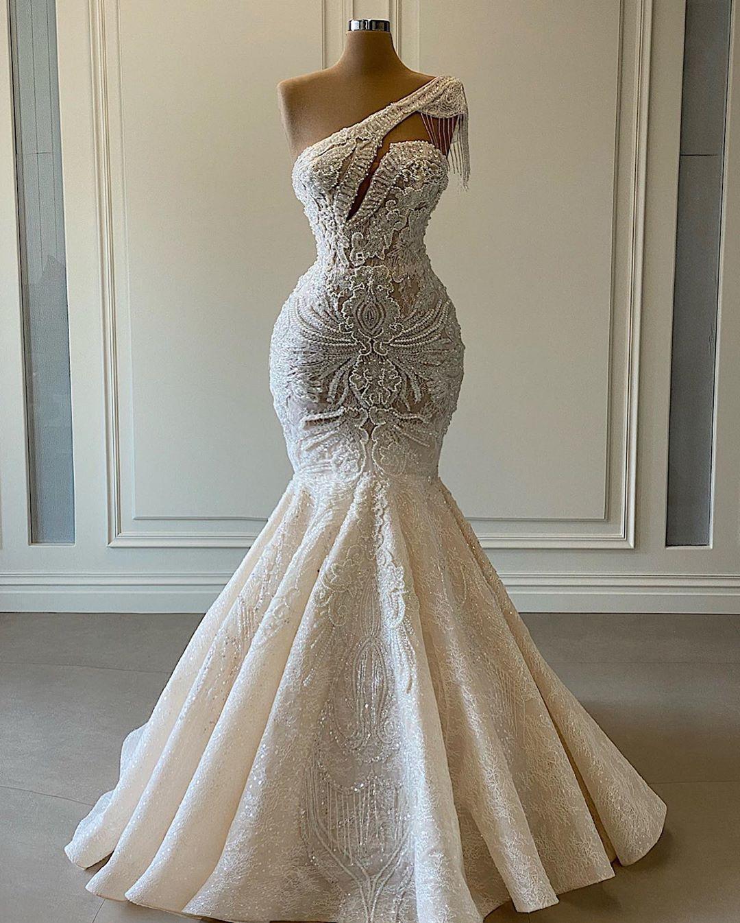 Luxurious Lace Beaded Wedding Dresses One Shoulder Mermaid Bridal Gown shinydress Luxurious Lace Beaded Wedding Dresses One Shoulder Mermaid Bridal Gown shinydress