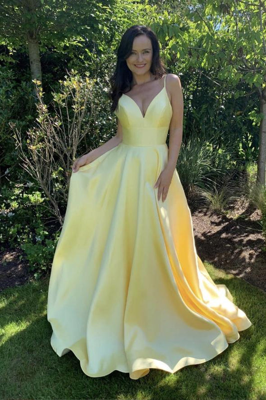 Yellow satin long prom dress simple evening dress KS1266