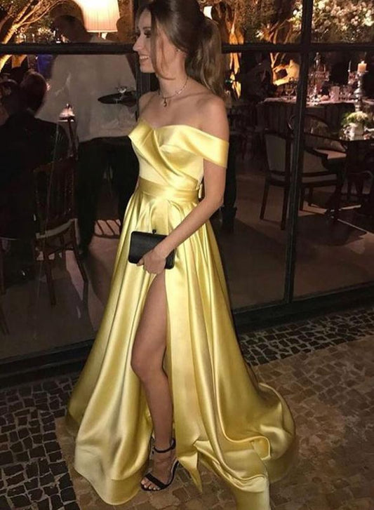 Yellow satin long prom dress, simple yellow evening dress KS1909